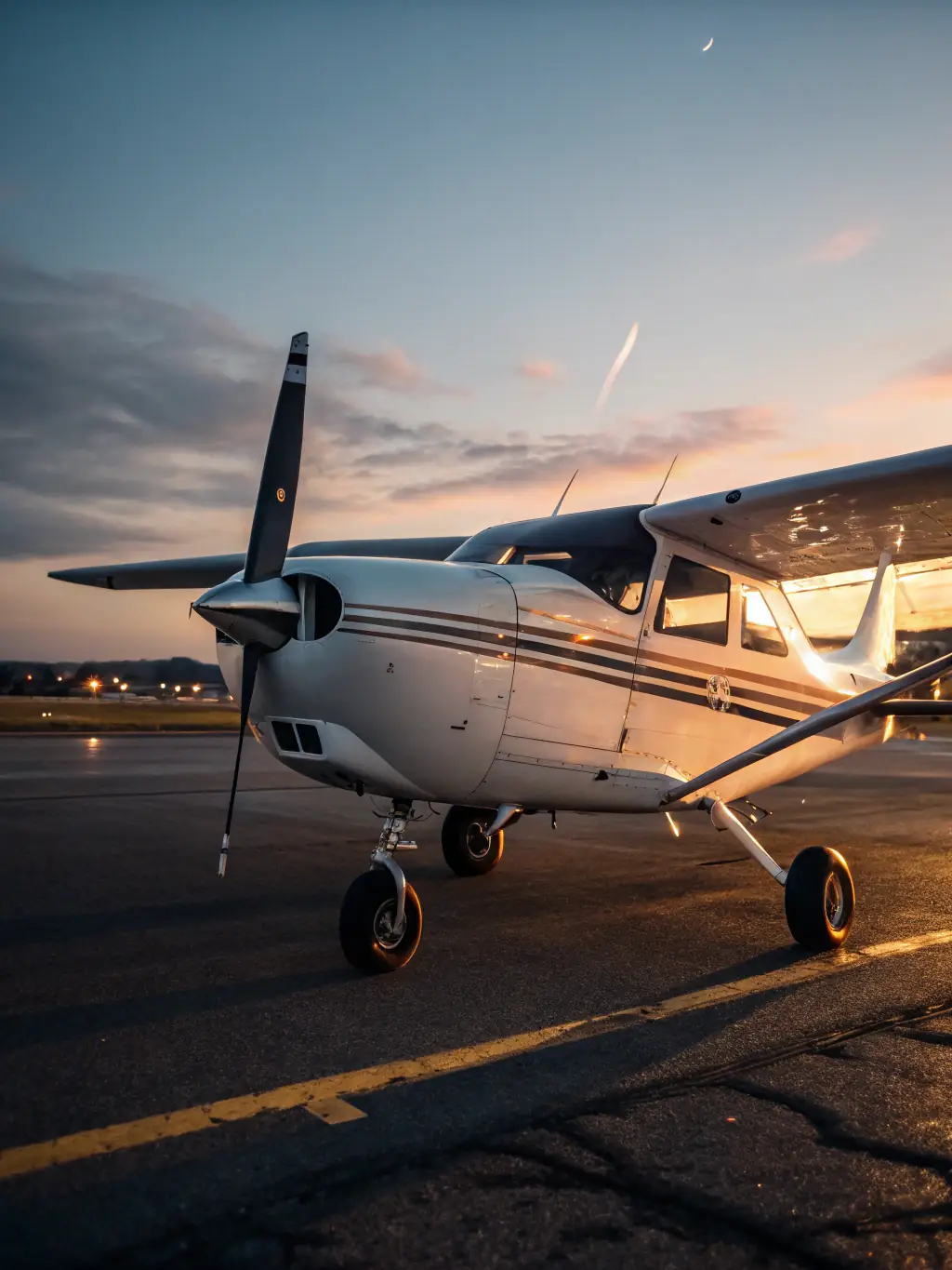 A modern Cessna 172 Skyhawk aircraft parked on the tarmac at a flight school, showcasing its sleek design and well-maintained condition.