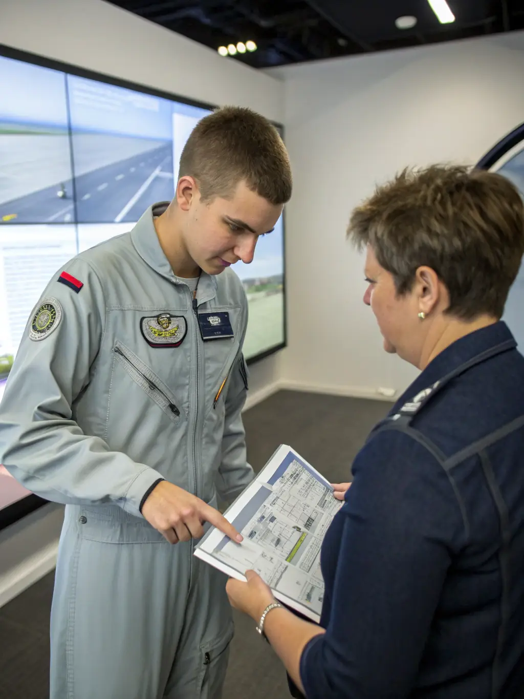 An instructor guiding a student pilot during a flight lesson in a small aircraft, focusing on the student's hand on the controls and the instructor's reassuring presence.