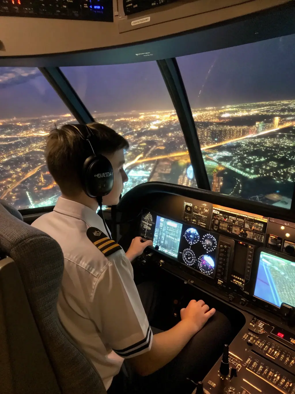 A student practicing instrument flying in a flight simulator, showing the advanced technology and realistic training environment.
