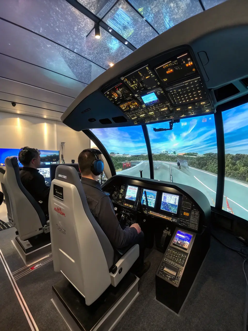 A state-of-the-art flight simulator replicating the cockpit of a Cessna or Piper aircraft, used for instrument training and emergency procedure practice.