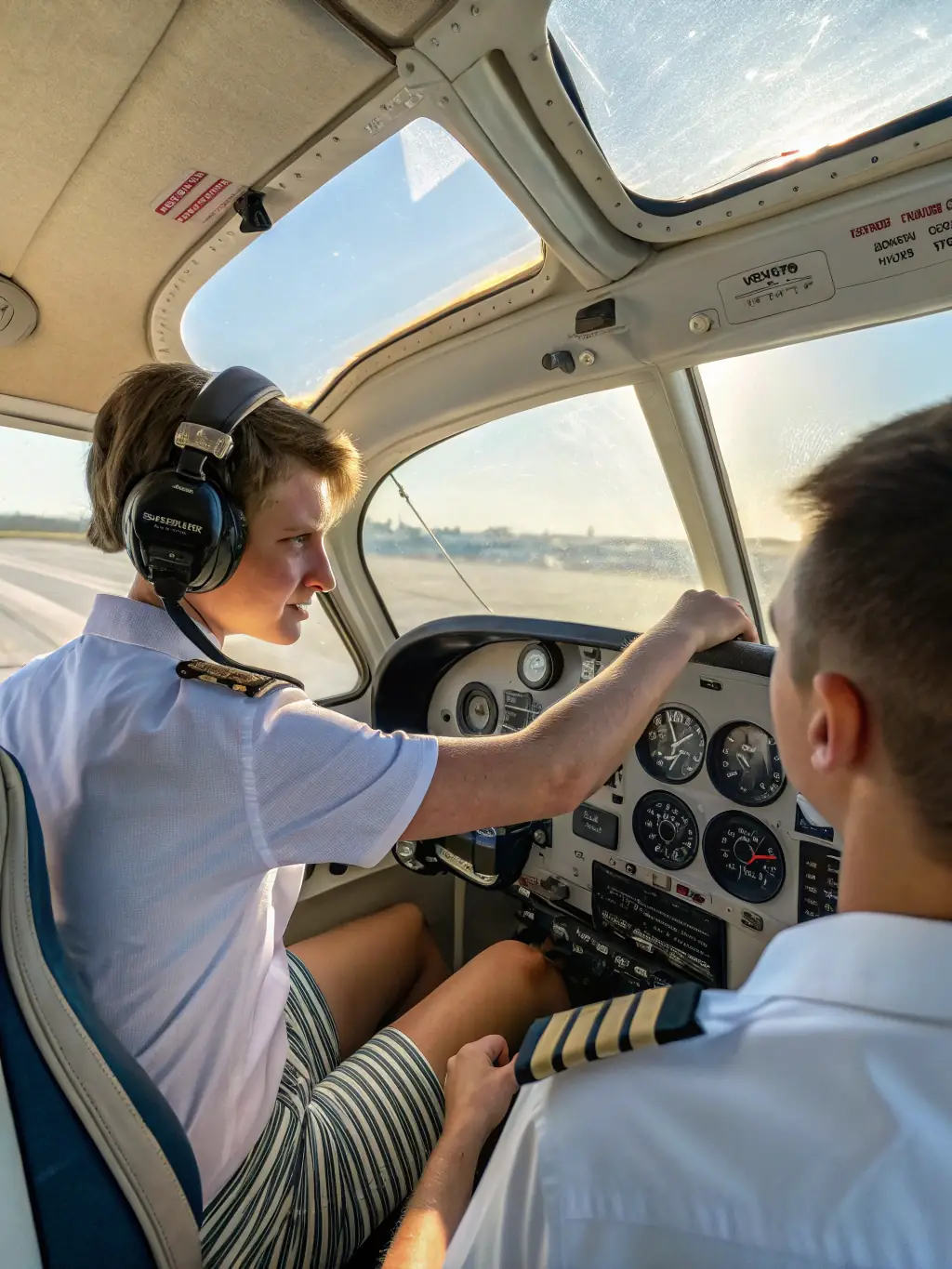 A student pilot in the cockpit of a multi-engine aircraft, such as a Beechcraft Duchess, during a training session, used to represent the advanced training provided in the Commercial Pilot Training program at Precision Flight Academy.