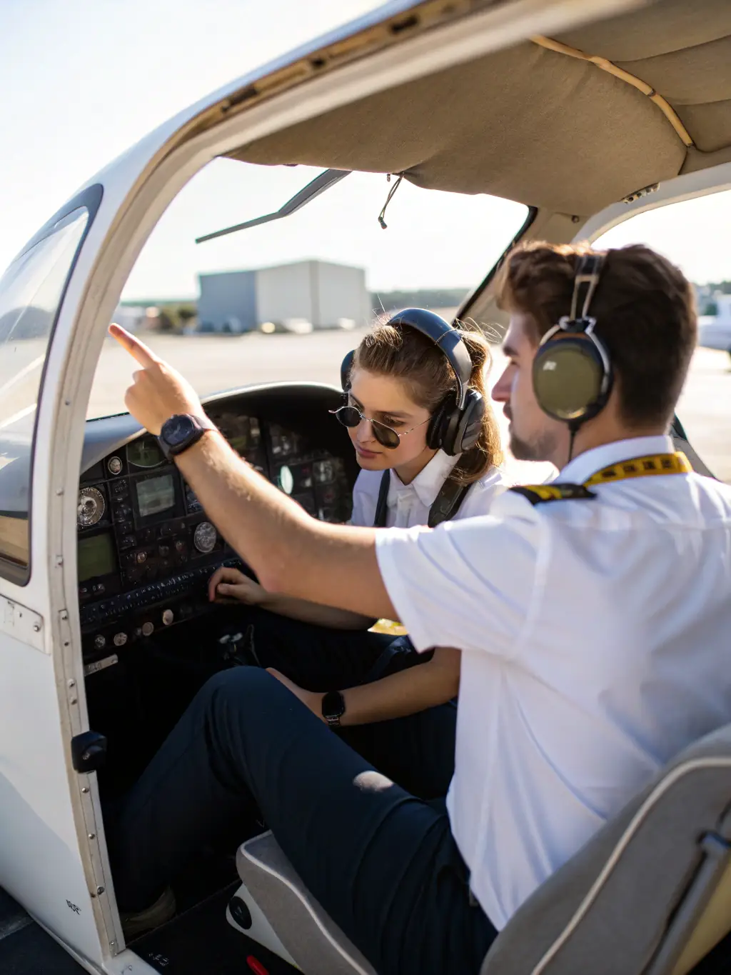 A student pilot in the cockpit of a Cessna 172 during a pre-flight check, focusing on the instrument panel and controls, used to illustrate the initial stages of private pilot training at Precision Flight Academy.